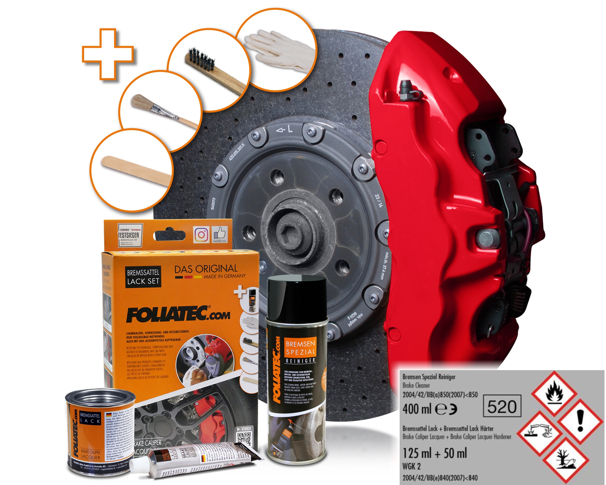 Foliatec Bremssattellack Rosso Rot 2160 Lack Bremsenreiniger Farbe hitzebeständig Pinsel Stahlbürste Härter Reiniger PKW Motorrad